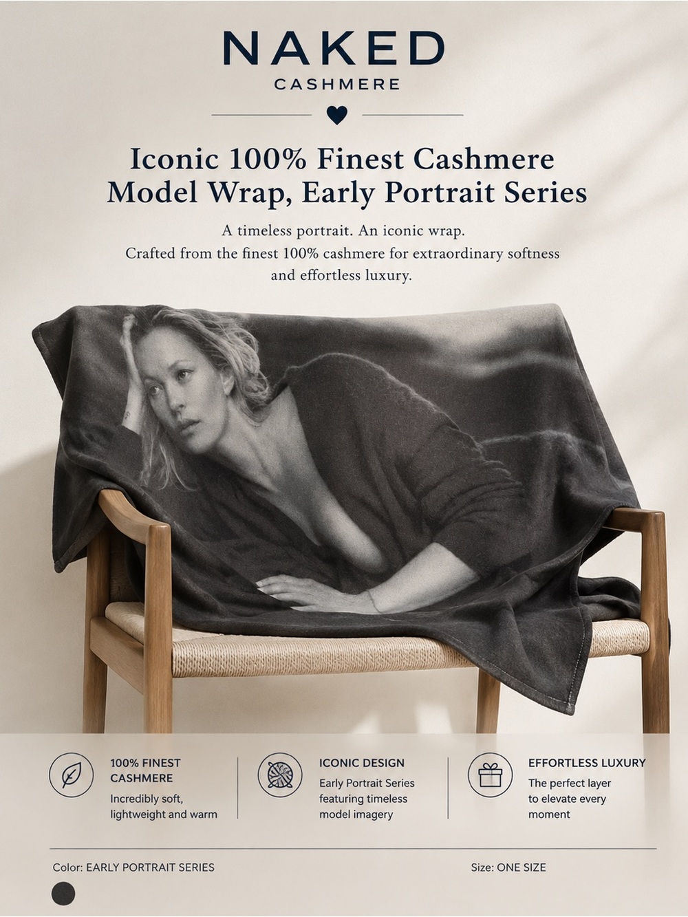 NakedCashmere Iconic 100% Finest Cashmere Model Wrap, Early Portrait Series